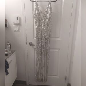 Silver fashionova maxi slit dress sequins